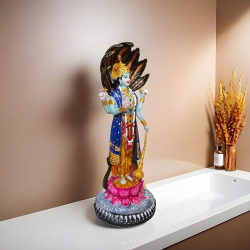 Image of YASHONIDHI Venkatesh Narayan Vishnu Bhagwan Statue, 12 Inches, Lakshminarayan Full-Colour Murti Standing on Lotus and Sheshnag, for Home, Office Decoration, for Pooja Room