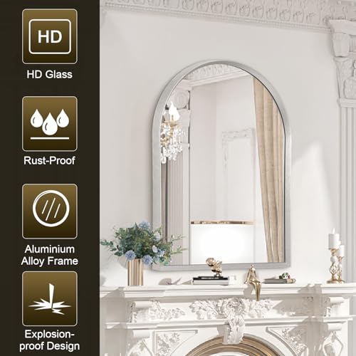 Image of Arched Wall Mirror, 26 inchx18 inch Silver Arch Mirror, Metal Frame Bathroom Mirrors, Arched Vanity Mirror for Living Room Bedroom Mantel Entryway