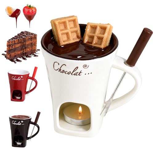 Taza de fondue de chocolate con tenedores, taza de fusión de chocolate de 130 ml, juego de ollas de cerámica para derretir queso, taza personal para derretir queso, fondue calentada con una luz de té