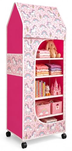 Image of HYSEYY Baby Wardrobe Plastic Kids Storage Rack with Fabric Cover & Wheels | 6-Tier Plastic Shelves Organizer | Toy, Book & Clothes Storage Cabinet for Kids Room (Unicorn Pattern)