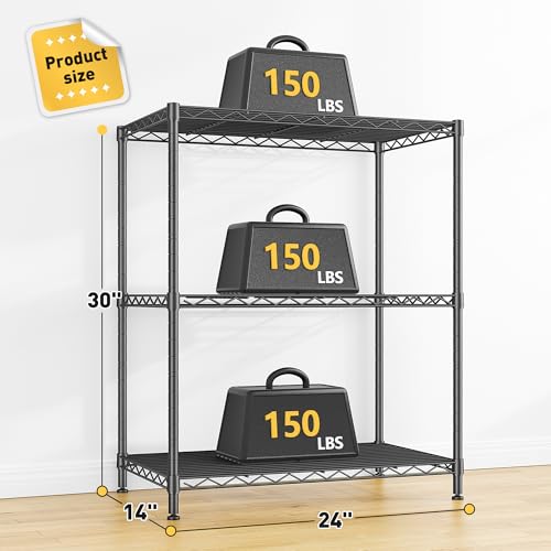 Image of 3 Tier Storage Shelves Metal Shelving Unit,Adjustable Wire Rack Pantry Kitchen Shelves,Small Shelf Wire Shelving for Laundry Office Bedroom Dorm Bathroom Closet 24 inch W x 30 inch H x 14 inch D Black Shelves