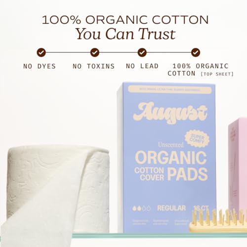 Image of August Regular Cotton Menstrual Pads, 36-Pack Ultra Thin Pads with Wings, Hypoallergenic Sanitary Napkins with Organic Cotton Topsheet, Compostable Wrappers, Toxin Free, Fragrance Free