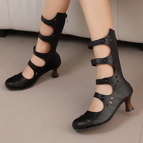 Womens Kitten Heel Mid Calf Boots Sandals Gladiator Vamp Buckle gothic Boots4