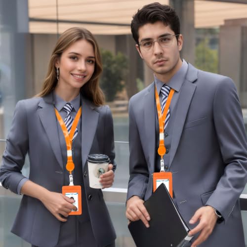 Image of Conisy ID Badge Holder with Retractable Lanyard, Vertical PU Leather ID Badge Card Holder with 2 Card Slots for Women Men (ID Badge Holder Orange)