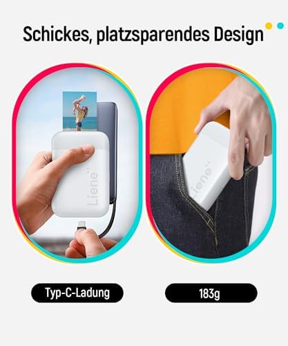 Bild 2 - Liene Pearl K100 Mini Fotodrucker für Smartphone(5x7,6cm) - mit 50 Blatt Zink-Fotopapier mit Kleberückseite, 300DPI Bluetooth Sofortbilddrucker kompatibel mit iOS & Android, Integrierter Akku