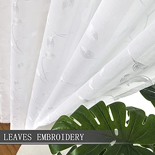 Tollpiz Leaves Sheer Valance Curtains White Leaf Embroidery Bedroom Curtain Rod Pocket Voile Curtains For Living Room, 54 X 16 Inches Long, Set Of 1 Panel #TOP1