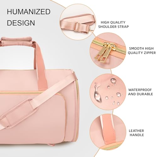 40L Large Duffle Bag for Travel, Foldable Travel Bag with Shoe Compartment, Waterproof Gym Bag Men with Wrinkle-Free Hanging System for Weekend Gym Business Travel, Pink4