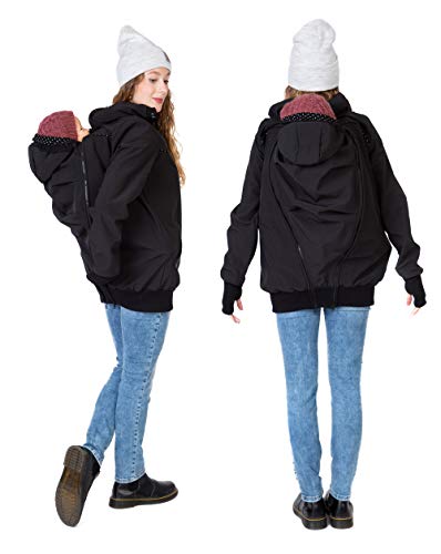Viva la Mama Tragejacke Rückentrage Baby hinten und vorn tragen Regenjacke Windjacke Softshell Mantel Umstandsjacke - AVENTURIS schwarz Punkte - S