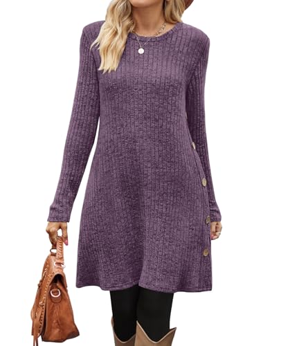 Image of OFEEFAN Long Sleeve Dress for Women Crew Neck Fall and Winter Tunic Dress with Pockets