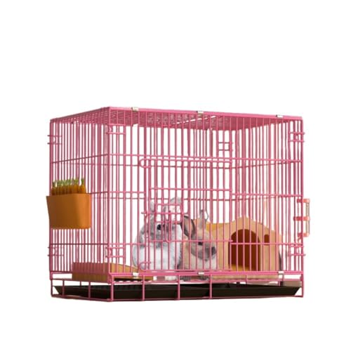 Effonek 子猫や子犬を飼うための家庭用大型ウサギケージ トイレ トレイ ボウル マット 草の巣 給水器 ロープ 餌付きの二重構造ウサギハウス (60*42*50-1層,ピンク)