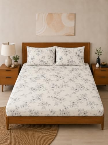 Image of 380 TC Premium Glace Cotton Elastic Fitted Bedsheet King Size with 2 Pillow Covers King Size | Double Bed with All Around Elastic (White Black, Fitted - 72 inchx78 inch King)