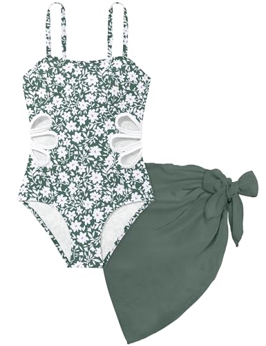 Image of Girls Swimsuit Adjustable Straps Cut Out One Piece Bathing Suit with Solid Color Cover Up Skirt Girls' Swimwear 5-16Y