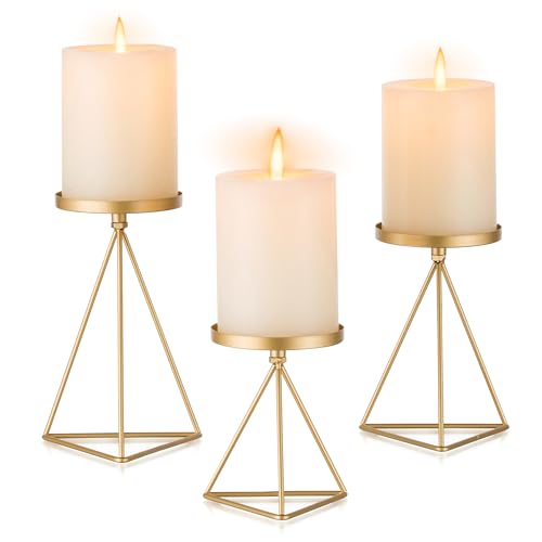 Inweder Lot de 3 bougeoirs géométriques dorés : plateau à bougie vintage en métal pour centre de table, cheminée, mariage, Noël, décoration d'intérieur