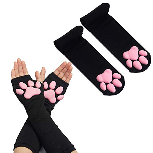 SUPTEC Cat Paw Thigh High Socks Golves Cute Soft 3D Toe Beans Socks Mittens Kitten Claw Pad Stockings for Girls Women Cat Cosplay Party Costume