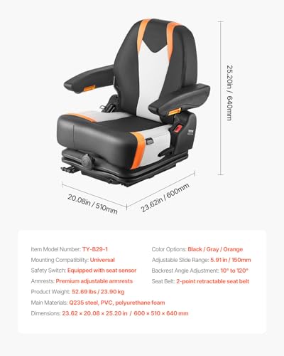 VEVOR Universal Forklift Seat, Tractor Suspension Seat with Adjustable Back, Armrest & Safety Belt, Secure Fold Down Tractor Seat with Micro Switch, Lawnmower Seat for Skid Loader Bulldozer