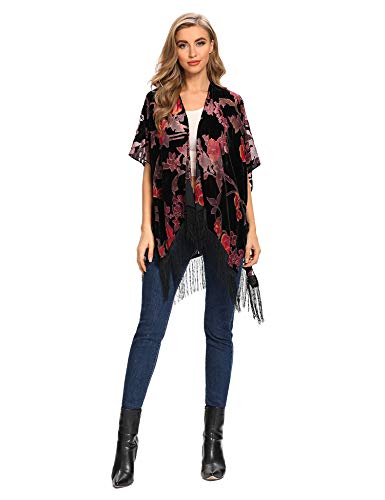 Image of MJ SERECA Women's Burnout Velvet Kimono Cardigan Cover Up with Tassel