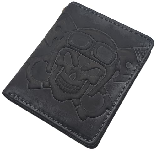 myledershop Cartera pequeña de piel de búfalo en formato vertical con relieve de calavera 3D y protección RFID y NFC, Estampado de calavera 3D / gris vintage, talla única, Americano