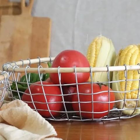 EMOGGOKI Fruit Vegetable Basket for Kitchen, 2PCS Wire Fruit Bowl Woven Basket Fruit Holder for Kitchen Storage Organizer for Fruit Vegetable Bread Snack Cover