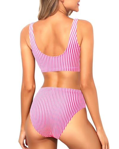 Image of Tempt Me Women Sporty Bikini Set Two Piece High Waisted Swimsuit Athletic Scoop Neck Bathing Suit
