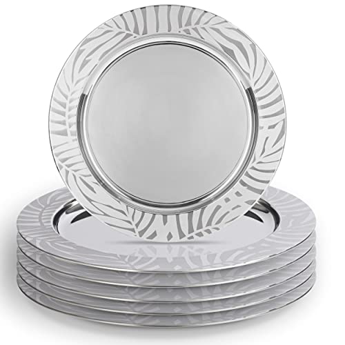 Stainless Steel Elegant Silver Charger Plates Set Of 6 - Decorative, Unique Leaf Charger Plates For Dinner Table At Weddings & Parties - Metallic Mirrored Chargers, 13" #TOP7