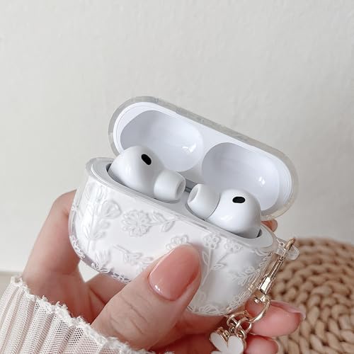 Image of MINSCOSE for with AirPods Pro 3rd Generation Case (2025) with Cleaner Kit,Cute Flower Floral Aesthetic Design with Flowers Keychain for Girls Women for Airpods Pro 3-White
