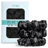 YFONG 3 PCS 100% Silk Scrunchies for Hair Sleep Women Girls, 22 Momme Pure Mulberry Hair Ties for Frizz & Breakage Prevention, Elastic Ponytail Holders Gentle And No hurt (3PCS Black)