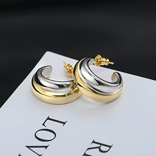 Pickbeau Two Tone Hoop Earrings For Women,Trendy Sterling Silver Gold C Shaped Hoop Earrings For Girls Classic Lightweight Hoops Earrings #TOP6
