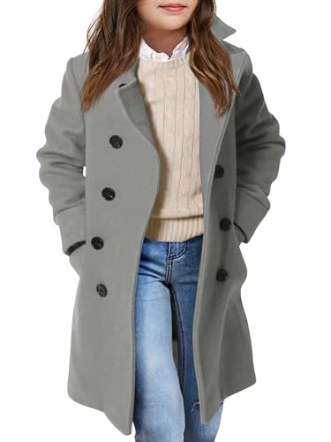 Image of Haloumoning Girls Double Breasted Trench Coat Kids Notch Lapel Long Peacoat with Pockets 5-14 Years