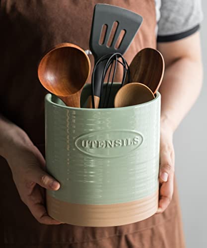 YHOSSEUN Kitchen Utensil Crock for Farmhouse Decor Utensil Holder for Countertop Organizer Extra-Large Utensil Caddy Porcelain, Oval, Green - Thumbnail 4