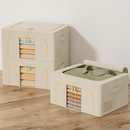 GoMaihe Scatole per Armadio Rigide 3 pezzi 72L: Contenitori per Armadio Cerniera - Piumone, Lenzuola Organizzatore Armadio - Scatole per Vestit (Beige, 24L)