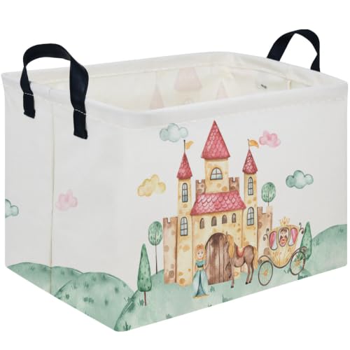 Image of Rectangular Pink Princess Storage Basket,Cute Basket for with Handles for Room Decor,Gift Baskets,Girl pink room decor(Watercolor castle)
