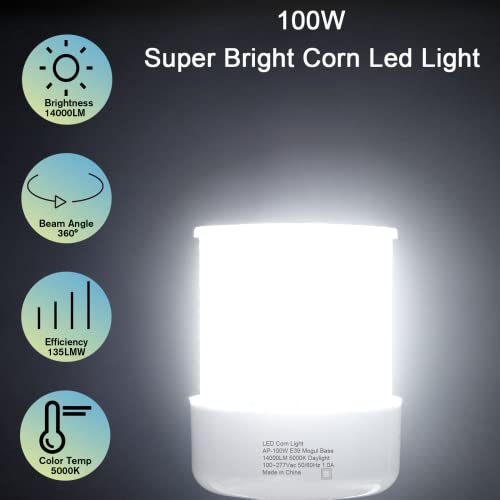 Apuson 100W Led Corn Light Bulb,E26/E39 Base Led Bulb,14000Lm 5000K,400W Metal Halide Hid Cfl Bulb Equivalent,Super Bright Daylight Lamp For Indoor Outdoor Lighting,Garage,Yard,Workshop And Warehouse #TOP1