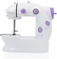 Mini Máquina de Costura Portátil, Bivolt 110V/220V, Branca e Lilás, Compacta, com Pedal e Fonte de Energia, 19x19x9.5cm, para Uso Doméstico