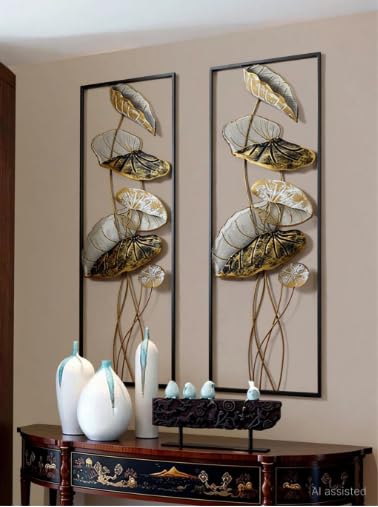 Image of F-RIQA METAL Golden Leaf Metal Wall Art Set of 2 Panels | Modern Iron Wall Hanging Decor for Living Room, Bedroom, Dining Room, Hallway & Office (36 x 13 Inch Each)