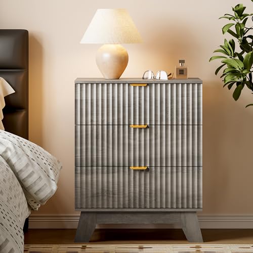 Image of BORNOON Fluted 3 Drawer Dresser, 30.3 inch Tall Compact Modern Boho Chest of Drawers, Wooden Storage Cabinet for Bedroom, Living Room, Entryway, Curved Profile Design