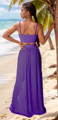 Image of Women Sexy 2 Piece Outfits Dress Chiffon Strap Deep V Neck Bra Crop Top High Split Maxi Dresses Skirt Set