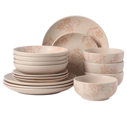 Image of Gibson Home Admiral Hall Plates and Bowls Set, 16-Piece Floral Dinnerware Set, Pink Stoneware Dish Set, Dinner Plates, Salad Plates, Pasta Bowls & Cereal Bowls