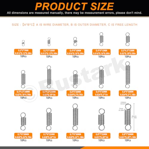 Rustark 150 Stück 15 Größen Edelstahl Zugfedern Sortiment Kit Federn mit Haken Druckfedern Mechanisch Spannfedern Stahlfedern Federn Sortiment Set Kit Extension Spring Assortment