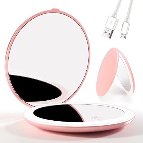 LED Lighted Compact Mirror, 1X/5X Magnification Sensing Lighting Travel Makeup Mirror, 4.05 Inch Brightness Adjustable Handheld 2-Sided Mirror, Folding Travel Mirror for Handbag, Purse, Pocket, Pink