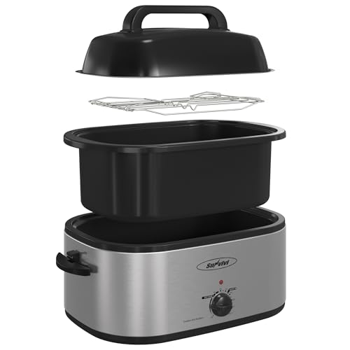 Sunvivi Electric Roaster,28 Quart Roasting Oven with Self-Basting Lid Removable Pan,Turkey Roaster Oven with 150 to 450F Temperature Control Cool-Touch Handles, Sliver