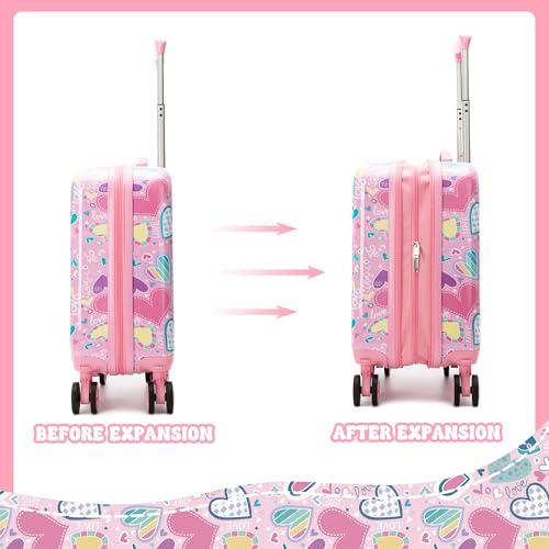 Image of Kid's Luggage Set 16inch 2 Piece Suitcase Set Hardside Luggage with Spinner Wheels Girls Carry on Toddler Travel Rolling Suitcase with Neck Pillow Airline Approved