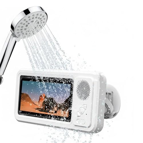 Shower Phone Holder with Wireless Bluetooth Speaker, 2025 New Shower Phone Holder Waterproof Secure 360 Rotation Holders Mount,Enhanced Sound, Wall Mounted PhoneHolder for Bathroom Mirror (White)