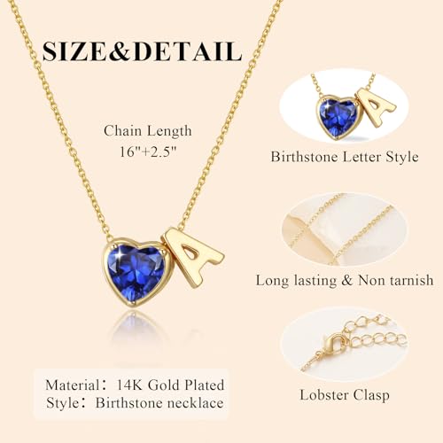 Esrial Heart Birthstone Initial Necklace for Women Girls,14K Gold Plated Heart Letter A-Z Necklace Dainty Birthday Trendy Jewelry Gifts for Women Girls Daughter(September,Initial V) by Esrial - Used condition - Image 5