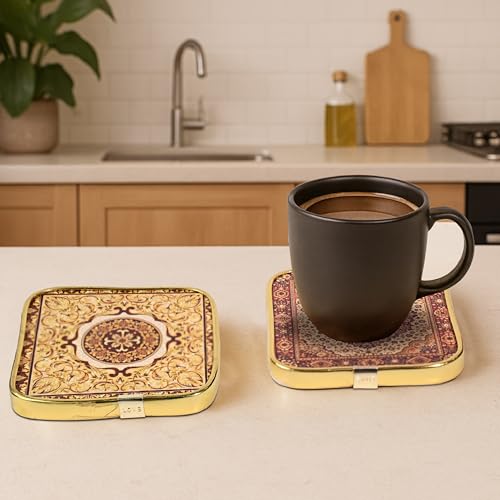 Image of Rousrie Stylist Modern Wooden Coasters with Golden Border | Set of 6 | Stand Included Premium Handmade Coaster for Tea Cups, Coffee Mugs, Beer Mugs, 10 by 10 cm (Vintage Pattern)