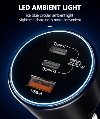 Image of 200W Car Charger, USB C Car Charger PD3.0 QC4.0 PPS Fast Charging Car Adapter with 2 100W USB C Cable 3 Port Type C Cigarette Lighter for Dell XPS, MacBook, iPhone 16 15 14, Galaxy S24 Ultra, iPad Pro