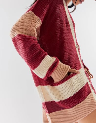 utcoco Women's Casual Button Down Cardigan Sweaters Long Sleeve V Neck Color Block Knit Sweater Coat Outwear3