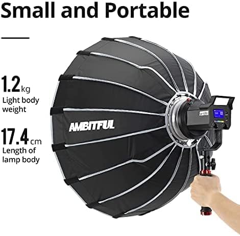 AMBITFUL FL80RGB light with a softbox, held by hand, demonstrating its compact size
