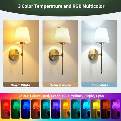 Image of Battery Operated Wall Sconces Set of 2, Wireless Battery Wall Light with 5200mAh Dimmable Bulbs with Remote,RGB15 Colors Wireless Wall Lamps for Bedroom Living Room Hallway Decor-Brass Gold