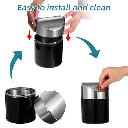Image of Set of 2 Small Trash Can with Swing Lid - Black Stainless Steel Mini Garbage Can with Lid, Compact 4.72 inch x 4.72 inch x 6.3 inch Countertop Waste Bin for Office, Bathroom & Kitchen