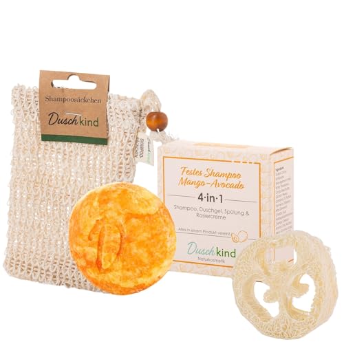 Duschkind Shampooing solide à la mangue et à l'avocat 4 en 1 - Kit avec sachets en sisal + tampon luffa - Shampoing gel douche et crème de rasage - Pour cheveux normaux et bouclés - Végétalien sans